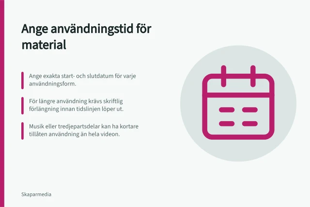 Ange användningstid för material: Ange exakta start- och slutdatum för varje användningsform.; För längre användning krävs skriftlig förlängning innan tidslinjen löper ut.; Musik eller tredjepartsdelar kan ha kortare tillåten användning än hela videon. Ange hur länge materialet får användas