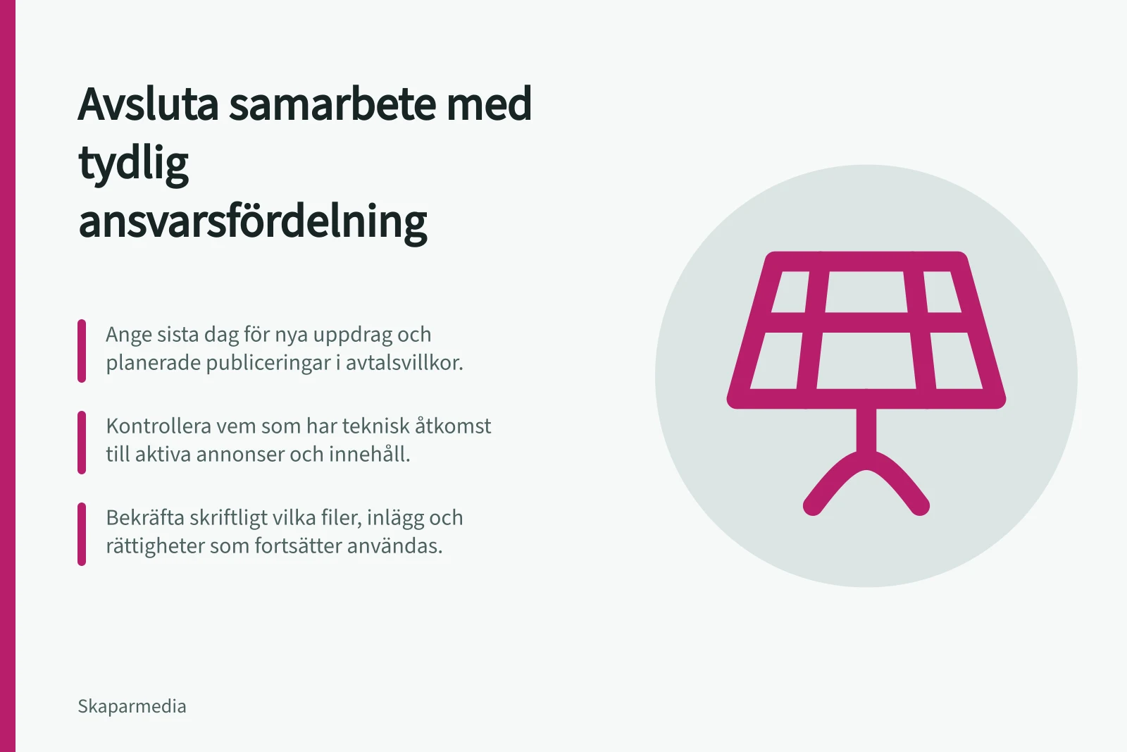 Avsluta samarbete med tydlig ansvarsfördelning: Ange sista dag för nya uppdrag och planerade publiceringar i avtalsvillkor.; Kontrollera vem som har teknisk åtkomst till aktiva annonser och innehåll.; Bekräfta skriftligt vilka filer, inlägg och rättigheter som fortsätter användas.