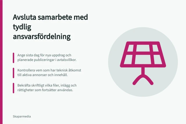 Avsluta samarbete med tydlig ansvarsfördelning: Ange sista dag för nya uppdrag och planerade publiceringar i avtalsvillkor.; Kontrollera vem som har teknisk åtkomst till aktiva annonser och innehåll.; Bekräfta skriftligt vilka filer, inlägg och rättigheter som fortsätter användas. Avsluta ett samarbete med tydlig ansvarsfördelning