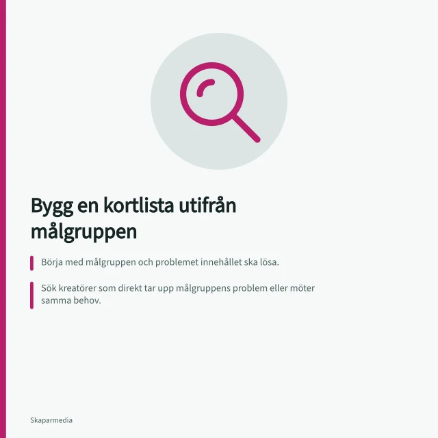 Bygg en kortlista utifrån målgruppen: Börja med målgruppen och problemet innehållet ska lösa.; Sök kreatörer som direkt tar upp målgruppens problem eller möter samma behov.; Behåll två likvärdiga kandidater tills granskning av innehåll och publikunderlag. Bygg en kortlista utifrån målgruppen
