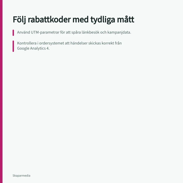 Följ rabattkoder med tydliga mått: Använd UTM-parametrar för att spåra länkbesök och kampanjdata.; Kontrollera i ordersystemet att händelser skickas korrekt från Google Analytics 4.; Räkna inte länkbesök och kodorder som sammanräknade köp – de är separata signaler. Följ försäljning utan att överskatta rabattkodernas betydelse