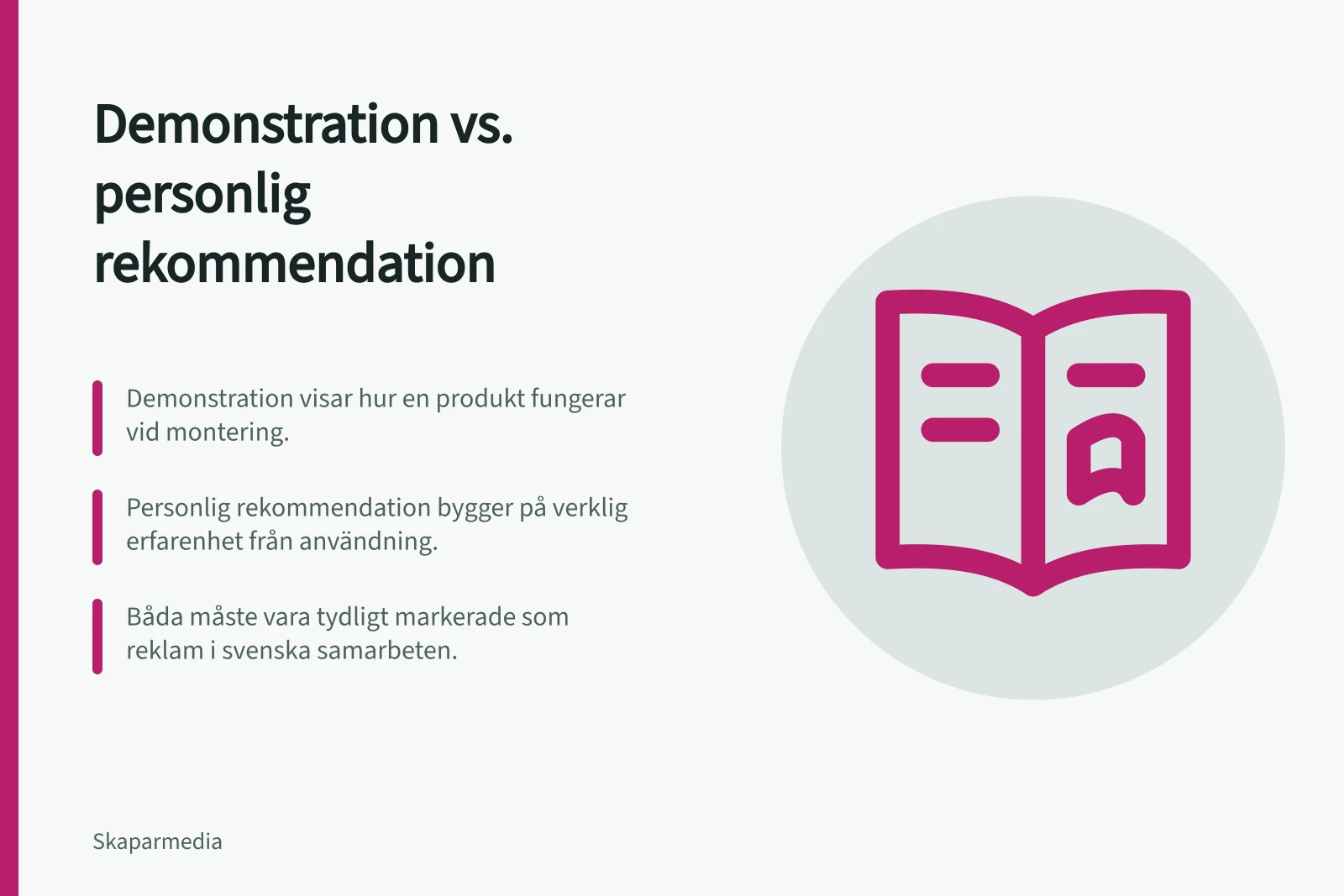 Demonstration vs. personlig rekommendation: Demonstration visar hur en produkt fungerar vid montering.; Personlig rekommendation bygger på verklig erfarenhet från användning.; Båda måste vara tydligt markerade som reklam i svenska samarbeten.
