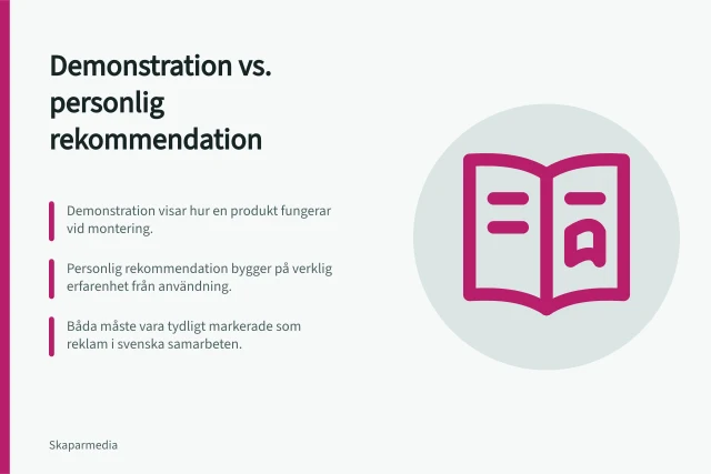 Demonstration vs. personlig rekommendation: Demonstration visar hur en produkt fungerar vid montering.; Personlig rekommendation bygger på verklig erfarenhet från användning.; Båda måste vara tydligt markerade som reklam i svenska samarbeten. Jämför demonstration med personlig rekommendation