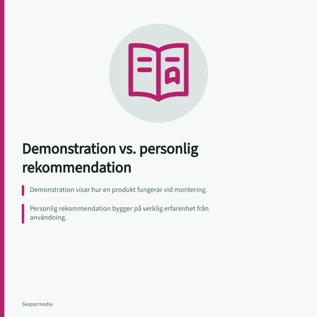 Demonstration vs. personlig rekommendation: Demonstration visar hur en produkt fungerar vid montering.; Personlig rekommendation bygger på verklig erfarenhet från användning.; Båda måste vara tydligt markerade som reklam i svenska samarbeten. Jämför demonstration med personlig rekommendation