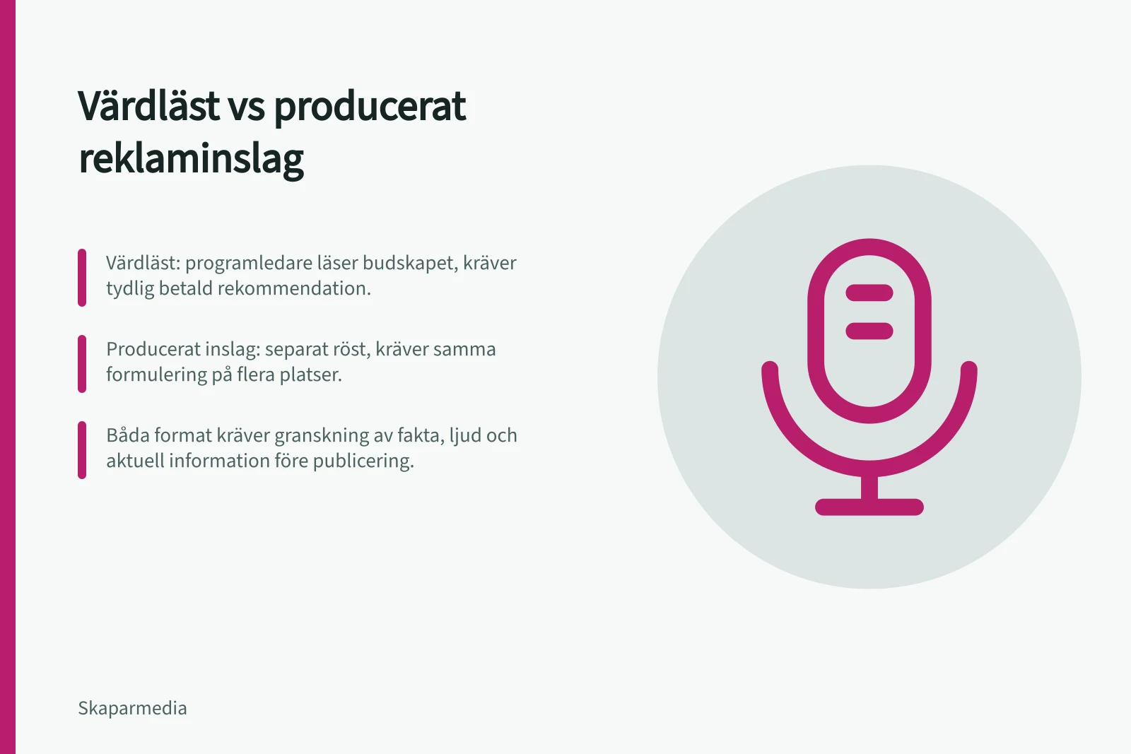 Värdläst vs producerat reklaminslag: Värdläst: programledare läser budskapet, kräver tydlig betald rekommendation.; Producerat inslag: separat röst, kräver samma formulering på flera platser.; Båda format kräver granskning av fakta, ljud och aktuell information före publicering.