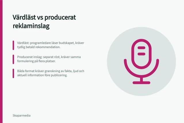 Värdläst vs producerat reklaminslag: Värdläst: programledare läser budskapet, kräver tydlig betald rekommendation.; Producerat inslag: separat röst, kräver samma formulering på flera platser.; Båda format kräver granskning av fakta, ljud och aktuell information före publicering. Jämför värdlästa budskap med producerade inslag