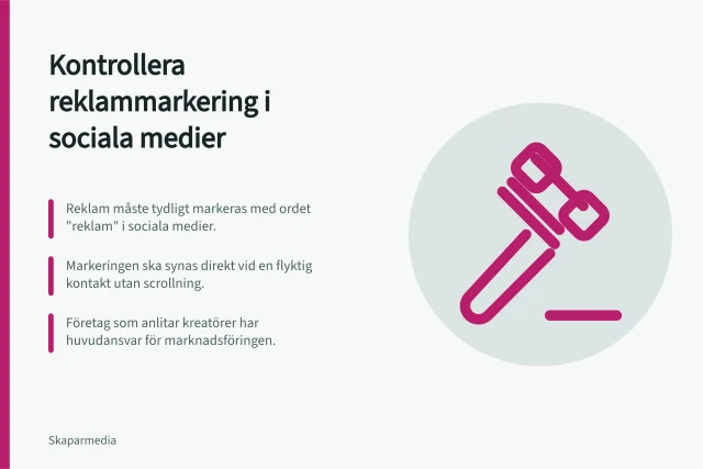 Kontrollera reklammarkering i sociala medier: Reklam måste tydligt markeras med ordet "reklam" i sociala medier.; Markeringen ska synas direkt vid en flyktig kontakt utan scrollning.; Företag som anlitar kreatörer har huvudansvar för marknadsföringen. Kontrollera aktuella krav på reklammarkering