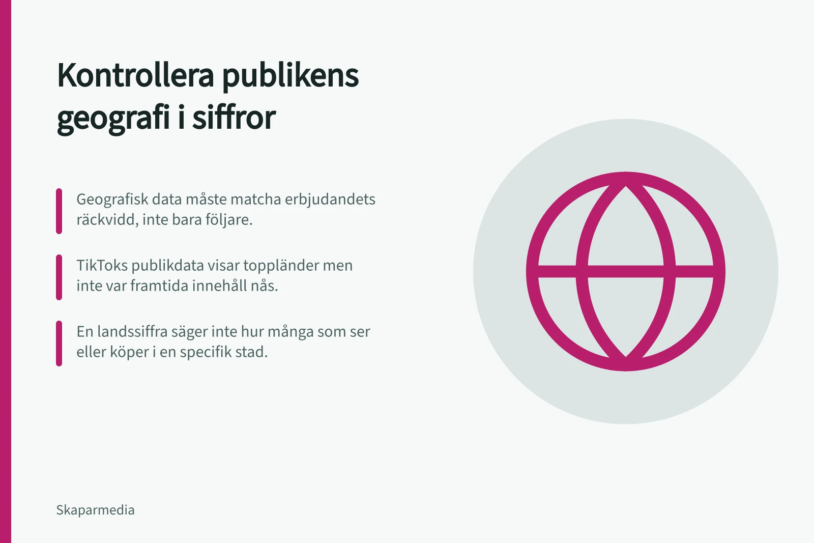 Kontrollera publikens geografi i siffror: Geografisk data måste matcha erbjudandets räckvidd, inte bara följare.; TikToks publikdata visar toppländer men inte var framtida innehåll nås.; En landssiffra säger inte hur många som ser eller köper i en specifik stad.
