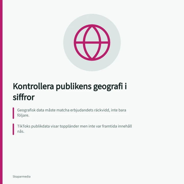 Kontrollera publikens geografi i siffror: Geografisk data måste matcha erbjudandets räckvidd, inte bara följare.; TikToks publikdata visar toppländer men inte var framtida innehåll nås.; En landssiffra säger inte hur många som ser eller köper i en specifik stad. Kontrollera att publiken finns på rätt marknad