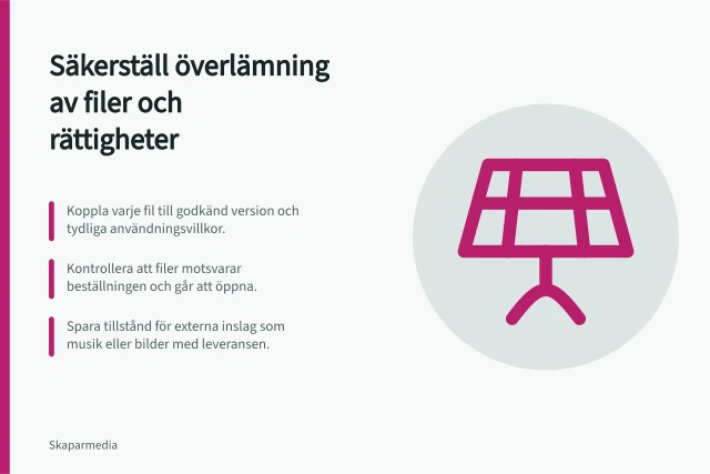 Säkerställ överlämning av filer och rättigheter: Koppla varje fil till godkänd version och tydliga användningsvillkor.; Kontrollera att filer motsvarar beställningen och går att öppna.; Spara tillstånd för externa inslag som musik eller bilder med leveransen. Säkerställ överlämning av filer och rättigheter
