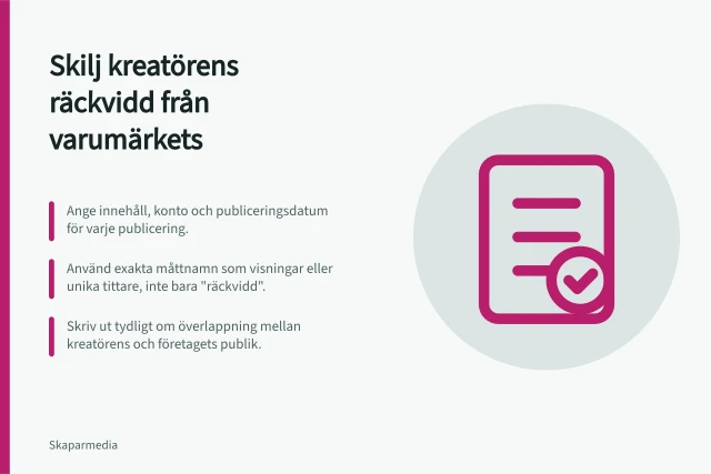 Skilj kreatörens räckvidd från varumärkets: Ange innehåll, konto och publiceringsdatum för varje publicering.; Använd exakta måttnamn som visningar eller unika tittare, inte bara "räckvidd".; Skriv ut tydligt om överlappning mellan kreatörens och företagets publik. Skilj kreatörens räckvidd från varumärkets egen