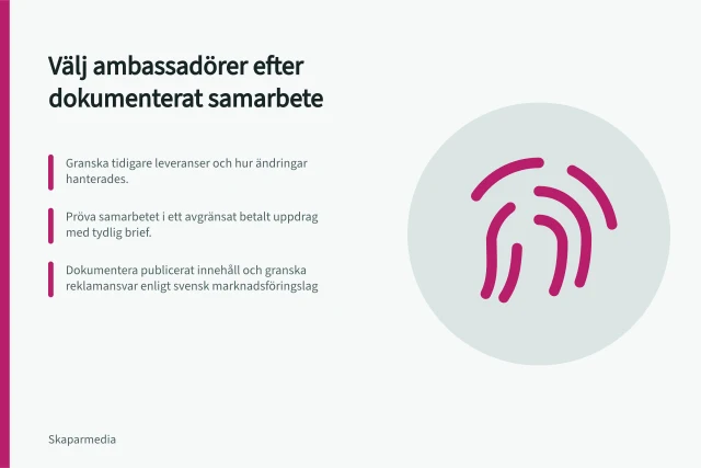 Välj ambassadörer efter dokumenterat samarbete: Granska tidigare leveranser och hur ändringar hanterades.; Pröva samarbetet i ett avgränsat betalt uppdrag med tydlig brief.; Dokumentera publicerat innehåll och granska reklamansvar enligt svensk marknadsföringslag. Välj ambassadörer efter dokumenterad samarbetsförmåga