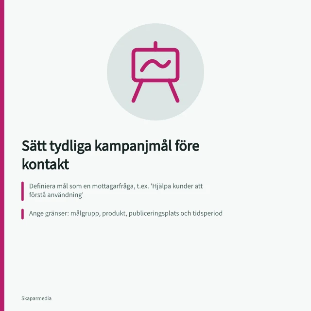 Sätt tydliga kampanjmål före kontakt: Definiera mål som en mottagarfråga, t.ex. 'Hjälpa kunder att förstå användning'; Ange gränser: målgrupp, produkt, publiceringsplats och tidsperiod; Pröva målet med kollegor innan skickande – säkerställ tydlighet. Välj kampanjmål innan du kontaktar en kreatör